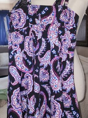 Swim Solutions Black Paisley Print Sundress with Pink & Blue Accents Sz 10
